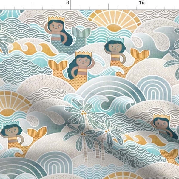 Mermaids Fabric - Sun, Sea And Mermaids By Patricia Lima - Mermaids Kids Nautical Ocean Mystical Cotton Fabric By The Yard With Spoonflower