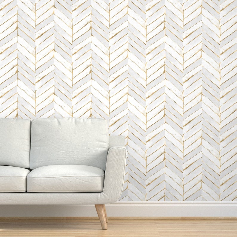 Chevron Wallpaper Chevron Painted White Gold L By Etsy