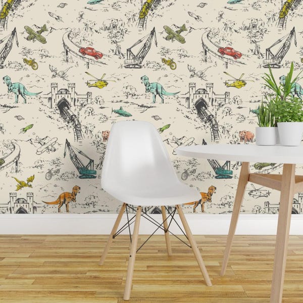 Hand Drawn Toile Peel and Stick Wallpaper - Wallpaper Dinosaur Cars Bear - Removable Wall Decor Art - Adventure Toile_retro by pattern_state