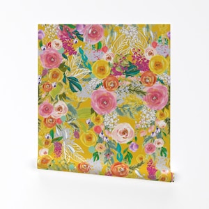Yellow Wallpaper - Autumn Blooms Mustard By Theartwerks - Floral Yellow Custom Printed Removable Self Adhesive Wallpaper Roll by Spoonflower