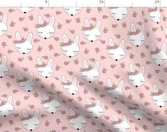 Blush Bunny Fabric - Bunnies Rosebuds Pink By Lilcubby - Bunny Baby Girl Woodland Animal Nursery Cotton Fabric By The Yard With Spoonflower