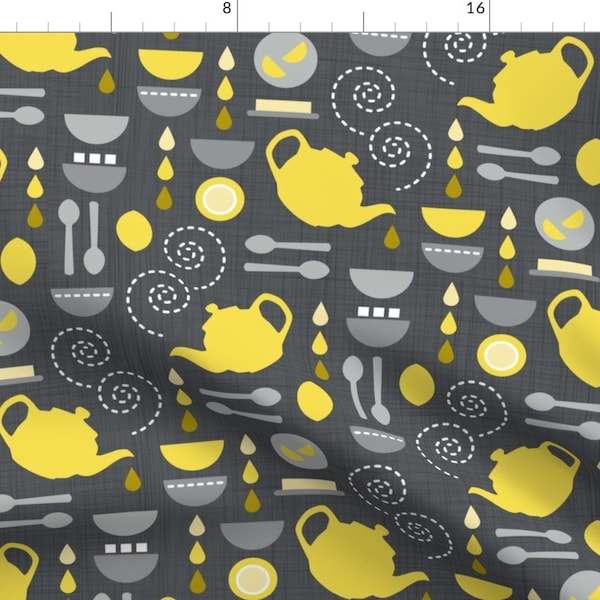 Tea Fabric - Tea With Lemon By Beckarahn - Gray Yellow Kitchen Cafe Sipping Latte Coffee Bistro Cotton Fabric By The Yard With Spoonflower
