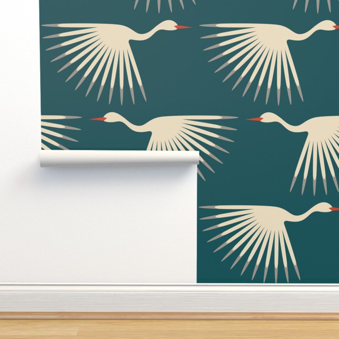Art Deco Wallpaper Art Deco Cranes by Katerhees 1920s Teal - Etsy