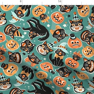 Spooky Cats Fabric - Retro Halloween by mirabelle_print - Black Teal Orange Pumpkins Whimsical Hand Drawn Fabric by the Yard by Spoonflower immagine 1