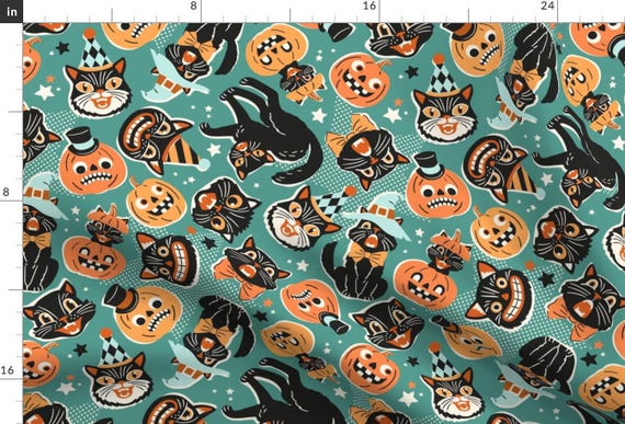 Spooky Cats Fabric - Retro Halloween by mirabelle_print - Black Teal Orange Pumpkins Whimsical Hand Drawn Fabric by the Yard by Spoonflower