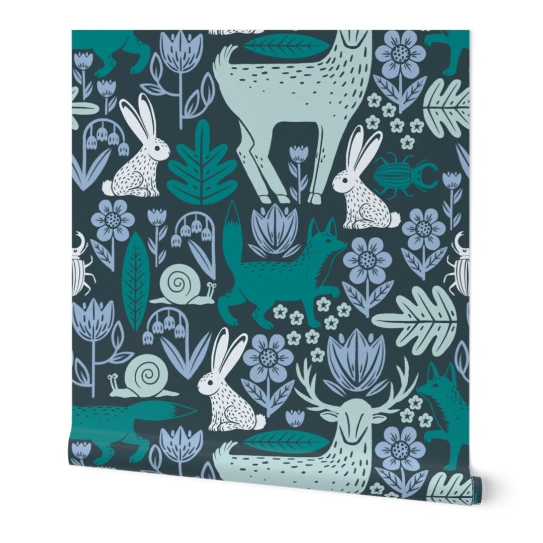 Green Woodland Animals Wallpaper Forest Wildlife by Etsy