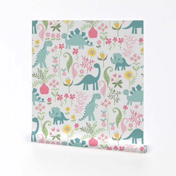 Cute Dinosaurs Wallpaper - Dino Garden by laura_may_designs - Pink Teal Aqua Sweet Girly Removable Peel and Stick Wallpaper by Spoonflower