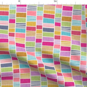 Pink Check Stripe Fabric - Colorblock Check by shellypenko - Abstract Stripes Jewel Blocks Square Fabric by the Yard by Spoonflower