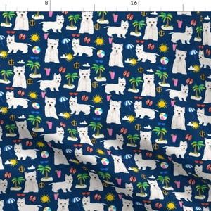 Westie  Beach Fabric - Westie Dogs Beach Summer Tropical Island Vacation  Navy By Petfriendly - Cotton Fabric By The Yard With Spoonflower