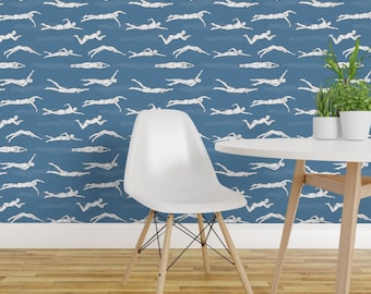 Swimmers Wallpaper - Swimmers Medium Blue By Landpenguin - Swimmers Custom Printed Removable Self Adhesive Wallpaper Roll by Spoonflower