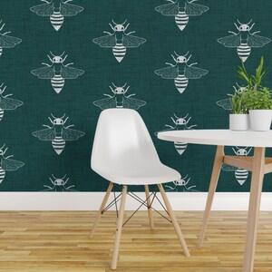 Honeybees On Teal Peel and Stick Wallpaper - Large Scale Faux Woven Texture - Removable Wall Decor Art - Bees Large Scale by scarlet_soleil