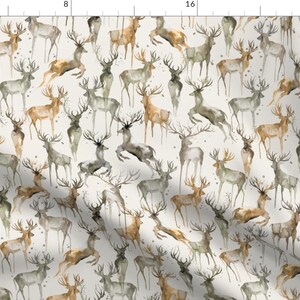 Deer Fabric - Wintery Deers Watercolor Beige By Ninola-Design - Watercolor Forest Rustic Animals Cotton Fabric By The Yard With Spoonflower image 1