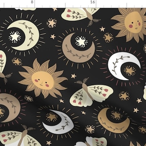 Witchy Fabric - Nocturnal Magic By Mandykippax - Whimsical Sun Moon Stars Moth Night Black Gold Cotton Fabric By The Yard With Spoonflower