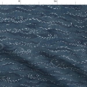 May include: A blue fabric with a white wave pattern. The fabric has a subtle texture and a slightly faded look.