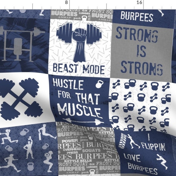 Gym Cheater Quilt Fabric - Navy Cheater Quilt 6 Inch Squares By Lub By Lamb - Work Out Cotton Fabric By The Yard With Spoonflower