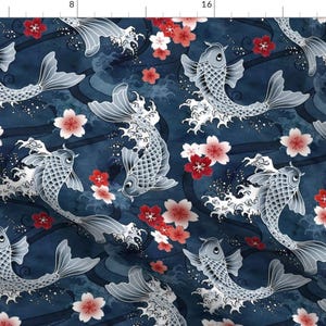 Koi Fish Fabric - Koi And Sakura Blossom In Blue By Adenaj - Asian Water Garden Cherry Blossom Cotton Fabric By The Yard With Spoonflower