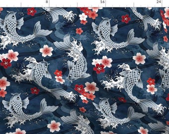 Koi Fish Fabric - Koi And Sakura Blossom In Blue By Adenaj - Asian Water Garden Cherry Blossom Cotton Fabric By The Yard With Spoonflower