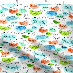 Watercolor Quote Words Fabric - Family Values Watercolor By Mjmstudio - Words Cotton Fabric By The Yard With Spoonflower