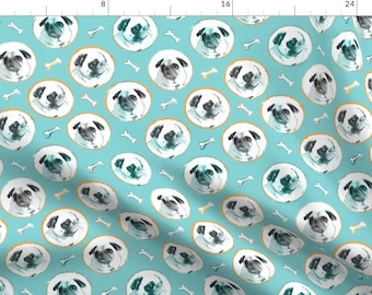Pug Fabric - Pug Portrait Sunny By Teresamagnuson - Pug Dog Dots Bones Light Blue and White Cotton Fabric By The Yard With Spoonflower