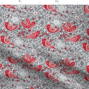 Red Bird Snowflake Fabric - Winter Frost Lace By Cynthiafrenette - Red Gray and White Holiday Cotton Fabric By The Yard With Spoonflower