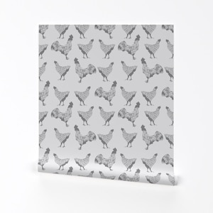 Chicken Wallpaper - Chicken Gray By Thehighfiber - Chicken Gray White Custom Printed Removable Self Adhesive Wallpaper Roll by Spoonflower