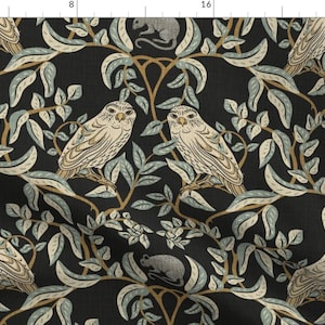 Little Owl Damask Fabric - Owl On Black by fernlesliestudio - William Morris Farmhouse Arts And Crafts  Fabric by the Yard by Spoonflower