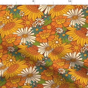 Retro Sunflower Fabric - 70s Retro Floral by latheandquill - Groovy Daisies 1970s Hippie Green Orange Boho Fabric by the Yard by Spoonflower