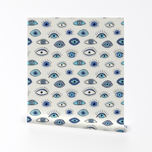 Evil Eye Wallpaper - Evil Eye By Vivdesign - Blue White Hamsa Talisman Boho Spiritual Removable Self Adhesive Wallpaper Roll by Spoonflower