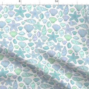 Sea Shells Fabric - Seashells Cool By Kristinnohe - Sea Shells Beach Nautical Nursery Blue White Cotton Fabric By The Yard With Spoonflower