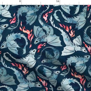 Blue Flying Dragons Fire Fabric - Dragon Fire Dark Blue By Adenaj - Watercolor Flying Dragons Cotton Fabric By The Yard With Spoonflower