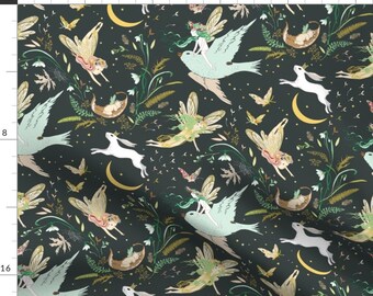 Fairy Tale Fabric - Enchanted Fairies (Pine) By Nouveau Bohemian - Fairy Tale Cotton Fabric By The Yard With Spoonflower