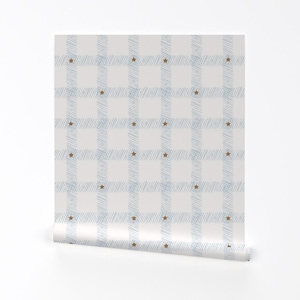 May include: White wallpaper with a blue and white checkered pattern and small brown stars.