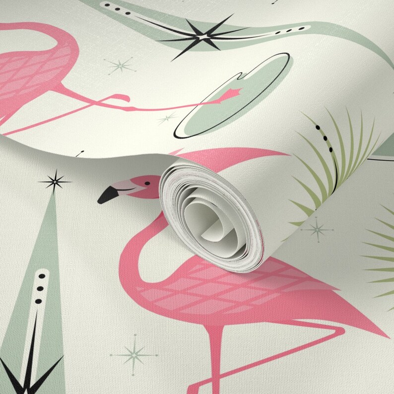 Flamingo Wallpaper Atomic Flamingo Oasis by Studioxtine - Etsy
