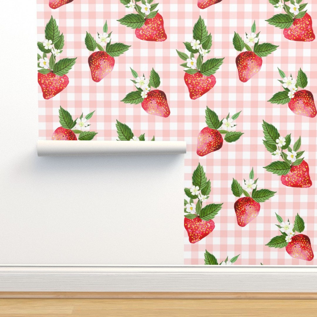 Strawberry Wallpaper Strawberries Gingham by Shopcabin - Etsy