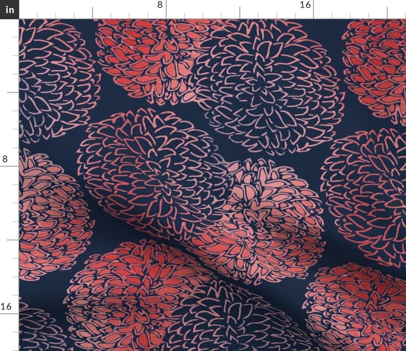 Chrysanthemum Floral Fabric Ming Chrysanthemum In Navy And Coral Pink By Willowlanetextiles Fabric by the Yard With Spoonflower zdjęcie 1