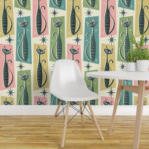Mid Century Cats Peel and Stick Wallpaper - Retro Kitties Atomic Era  - Removable Wall Decor Art - Retro Patchwork Tabbies by studioxtine