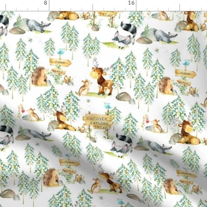 Woodland Animals Watercolor Fabric - Woodland Adventure - Moose Fox Deer Bear Hedgehog Squirrel Raccoon - Larger Scale By Gingerlous