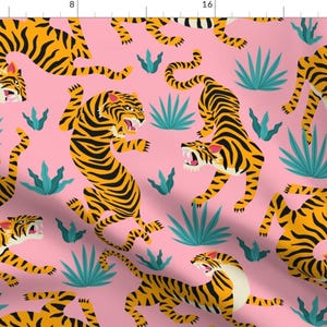 Pink Tigers Jungle Fabric - Tigers Dancing On Pink, Asian Tiger By Furbuddy - Tigers Pink Cotton Fabric By The Yard With Spoonflower