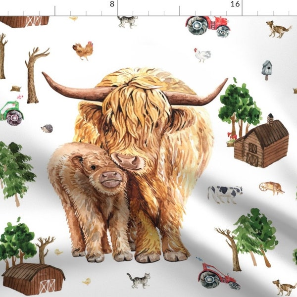 Highland Cow Grazing Fabric - Highland Cow Farm Patch 18x18" By Karolina Papiez - Highland Cow Cotton Fabric By The Yard With Spoonflower