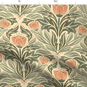 May include: Fabric featuring a repeating floral pattern with stylized flowers and leaves in muted tones. The design includes coral-coloured blooms, dark green and sage green foliage, and small dots on a cream background. Suitable for craft projects.