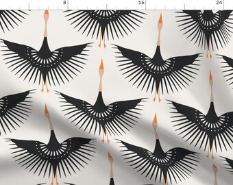 Art Deco Fabric - Geometric Art Deco Cranes by priraj_designs - Geometric Black On Cream Large Scale Fabric by the Yard by Spoonflower