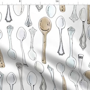 Spoons Fabric - Spoons By Svaeth - Wooden Silver Spoons Pen Drawing Kitchen Home Decor Upholstery Cotton Fabric By The Yard With Spoonflower