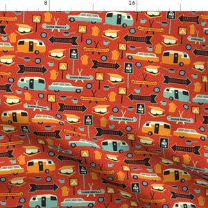 Camping Fabric - Happy Camper By Jennartdesigns - Camping Arrows Smores Canoes Retro Red Yellow Cotton Fabric By The Yard With Spoonflower