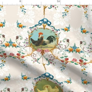 Chicken Toile Fabric - Le Toile De Poulet Vanilla By Lilyoake - Chicken Farm Animal Floral Cotton Fabric By The Yard With Spoonflower