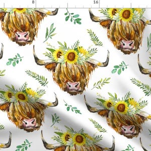Sunny Highland Cow Fabric - Highland Cow With A Sunflower Garland Medium By Red Raspberry Design - Cute Highland Cow Fabric With Spoonflower