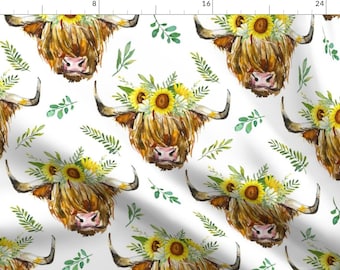 May include: A seamless pattern featuring watercolor illustrations of Highland cows with sunflower crowns. The cows are brown and white with fluffy fur. The background is white with green leaves.