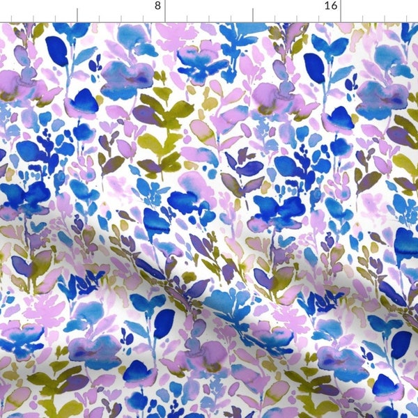 Watercolor Purple Floral Fabric - Flirtlavendergreen Wildfree By Mjmstudio - Watercolor Floral Cotton Fabric By The Yard With Spoonflower