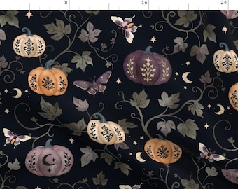 Halloween Apparel Fabric - Whimsigoth Pumpkin Garden by adenaj - Autumnal Witchy Gothic Black Vines Leaves Clothing Fabric by Spoonflower