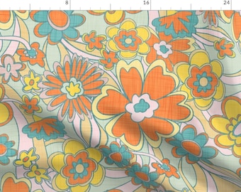 May include: A retro-style floral pattern with orange, yellow, and teal flowers on a light green background. The flowers are outlined in black and have a textured appearance.