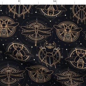 Microscopic Worlds Fabric - Sacred Insects By Vilmosvarga - Black Gold Moths Butterflies Science Cotton Fabric By The Yard With Spoonflower